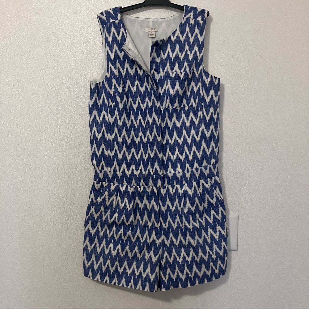 J.Crew Blue White Linen Blend Cotton Chevron Print Ikat Romper size 00 worn once